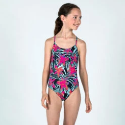 Maillot De Bain 1 Pièce Fille - 100 Hiloe Tropical Party Rose